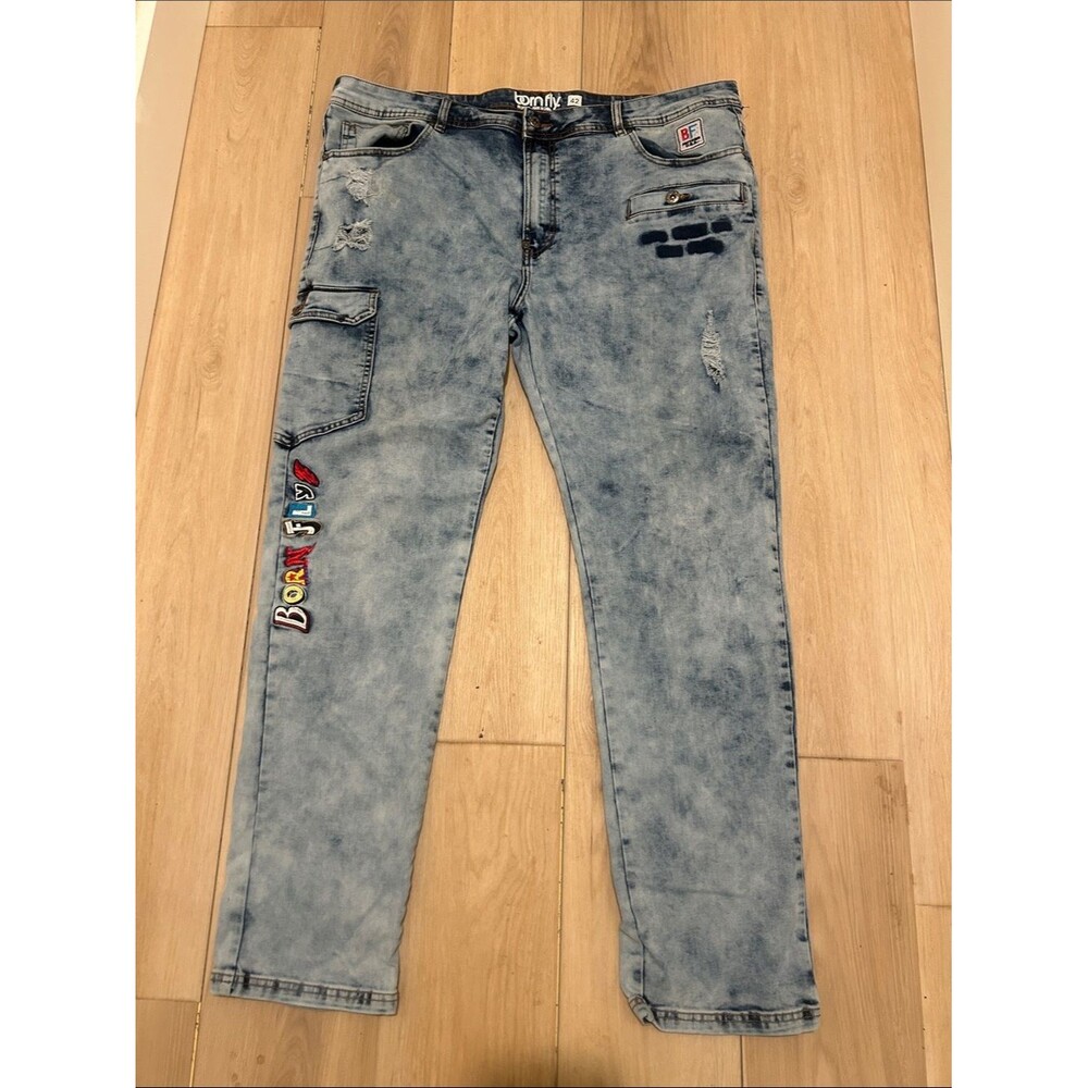 Born Fly Men’s Vtg Y2K Acid Wash Distressed Embroidered Patch Jeans Size 42